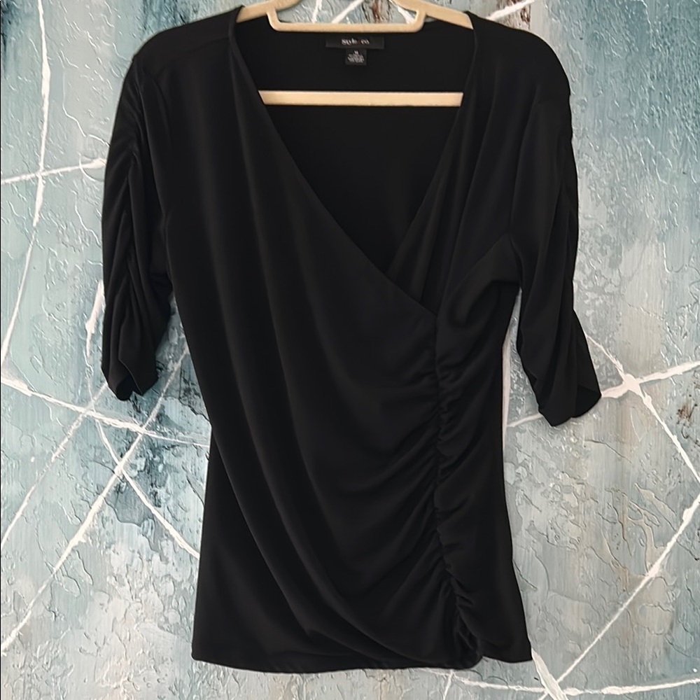 Style & Co Black Ruched Wrap Blouse with 3/4 Sleeves